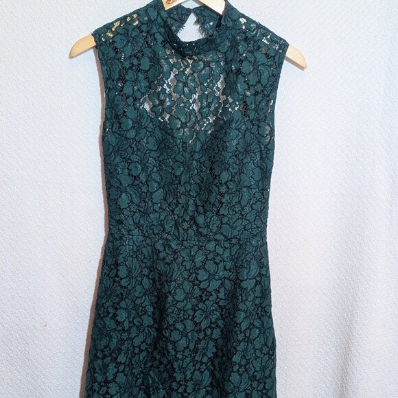 Sandro Paris Dress Green Lace Sz XS High Neck Scalloped Mini Open Back - Picture 9 of 11